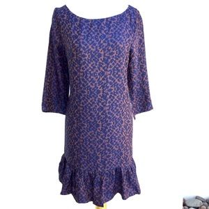 Sezane Robe Auberie Jacquard Leopard Blue Ruffled Hem Shift Dress